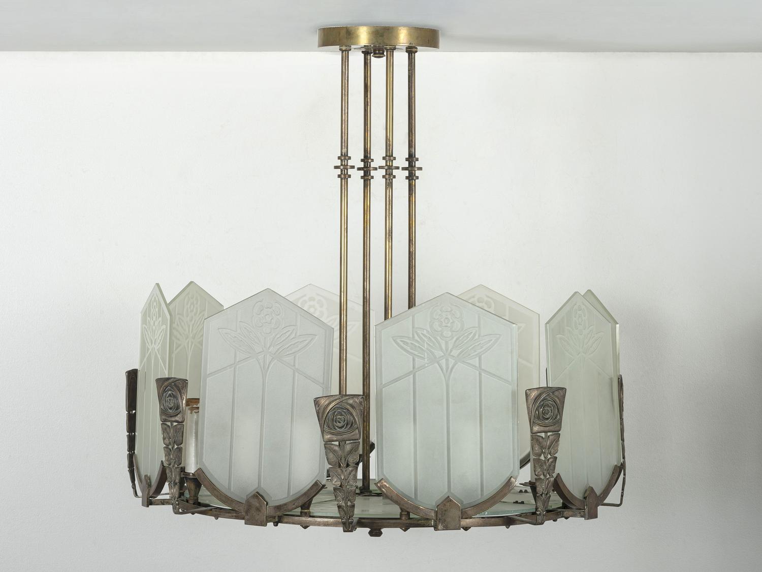 An Art Deco Glass and Nickel-Plated Bronze Chandelier