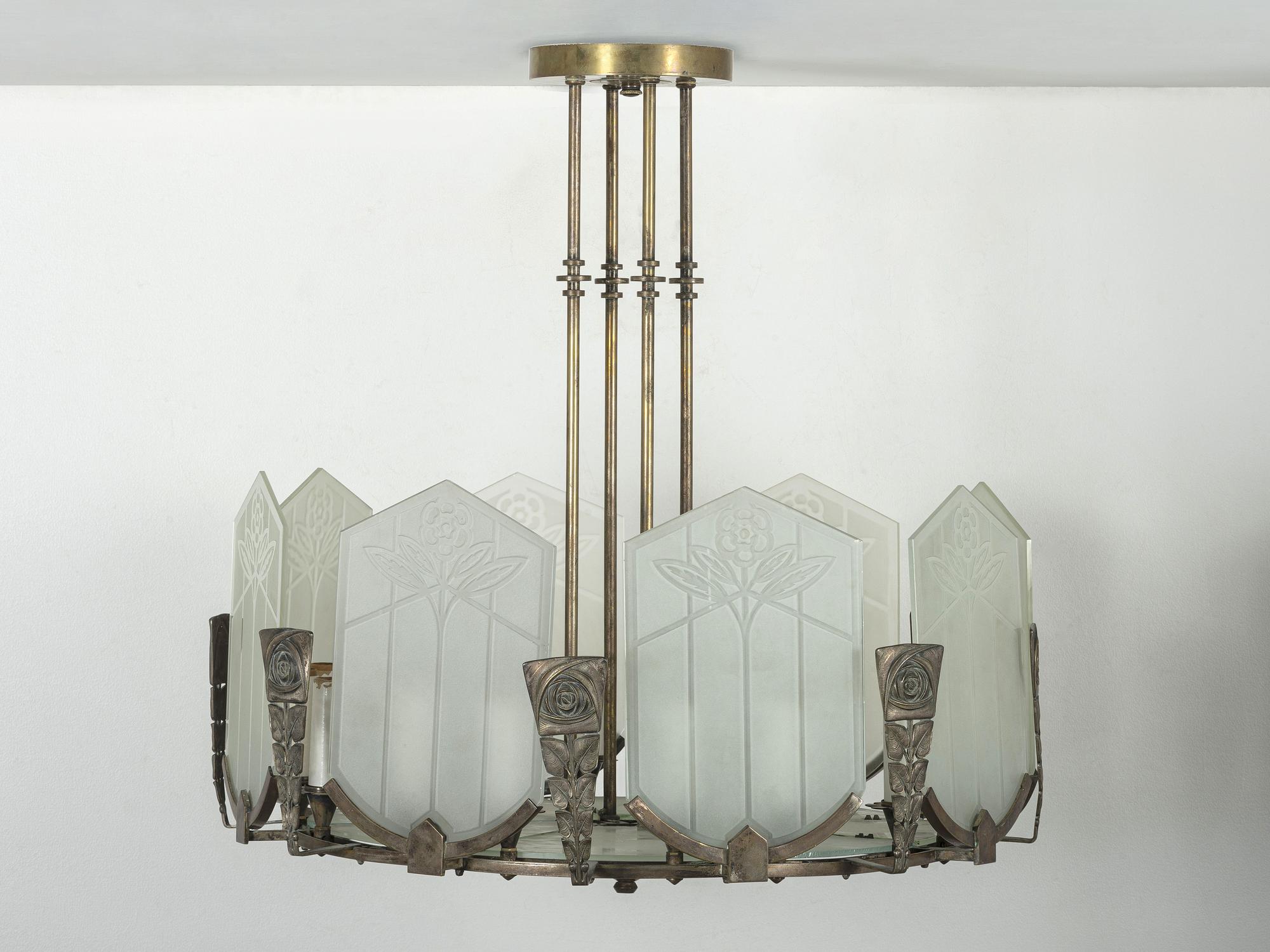 An Art Deco Glass and Nickel-Plated Bronze Chandelier