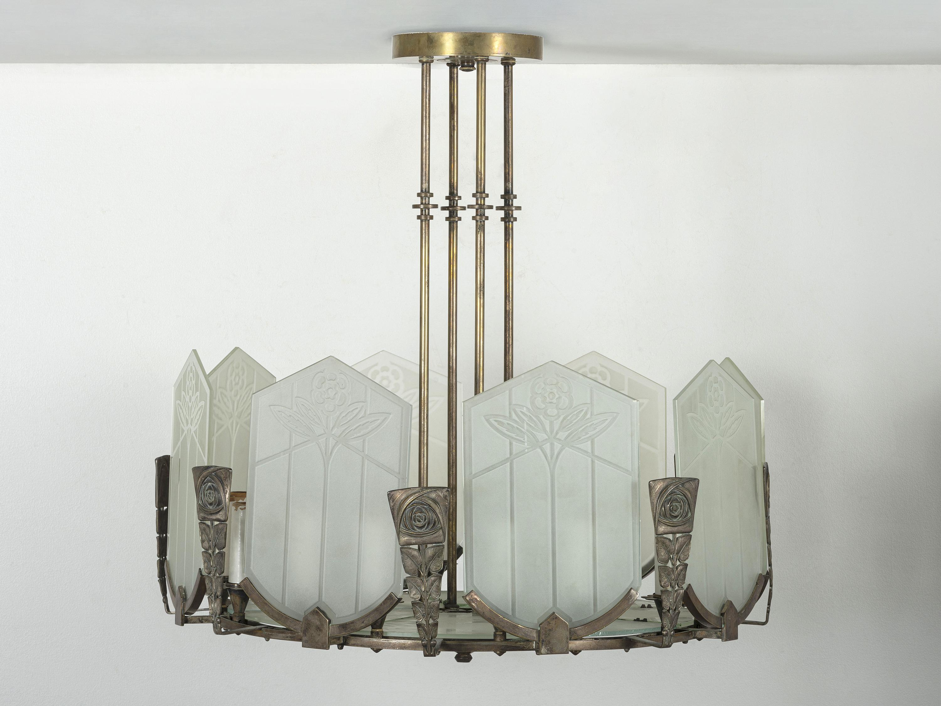 An Art Deco Glass and Nickel-Plated Bronze Chandelier