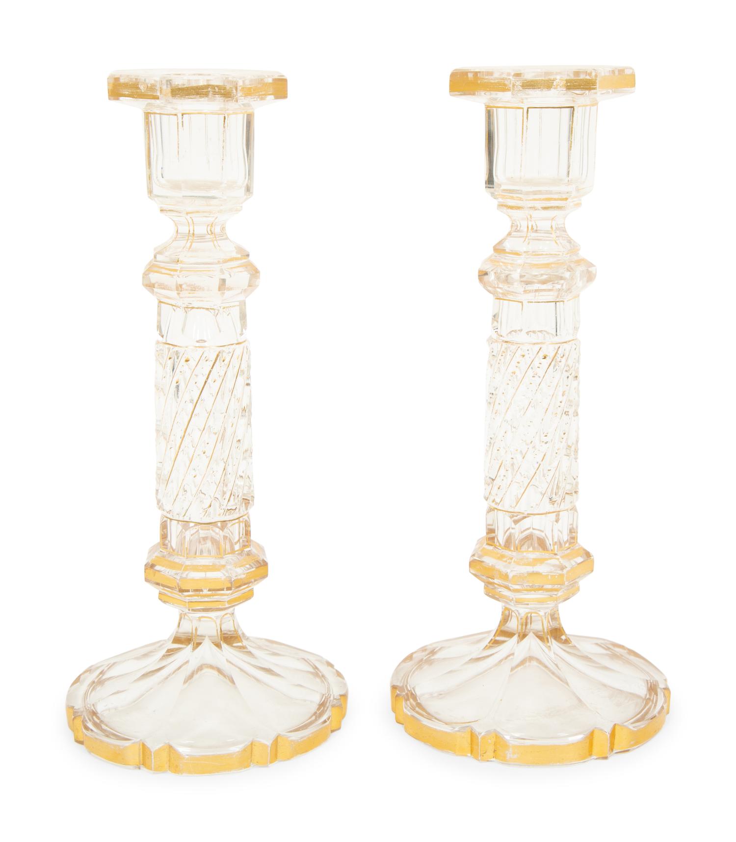 A Pair of French Gilt Decorated Cut Glass Candlesticks