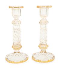 A Pair of French Gilt Decorated Cut Glass Candlesticks