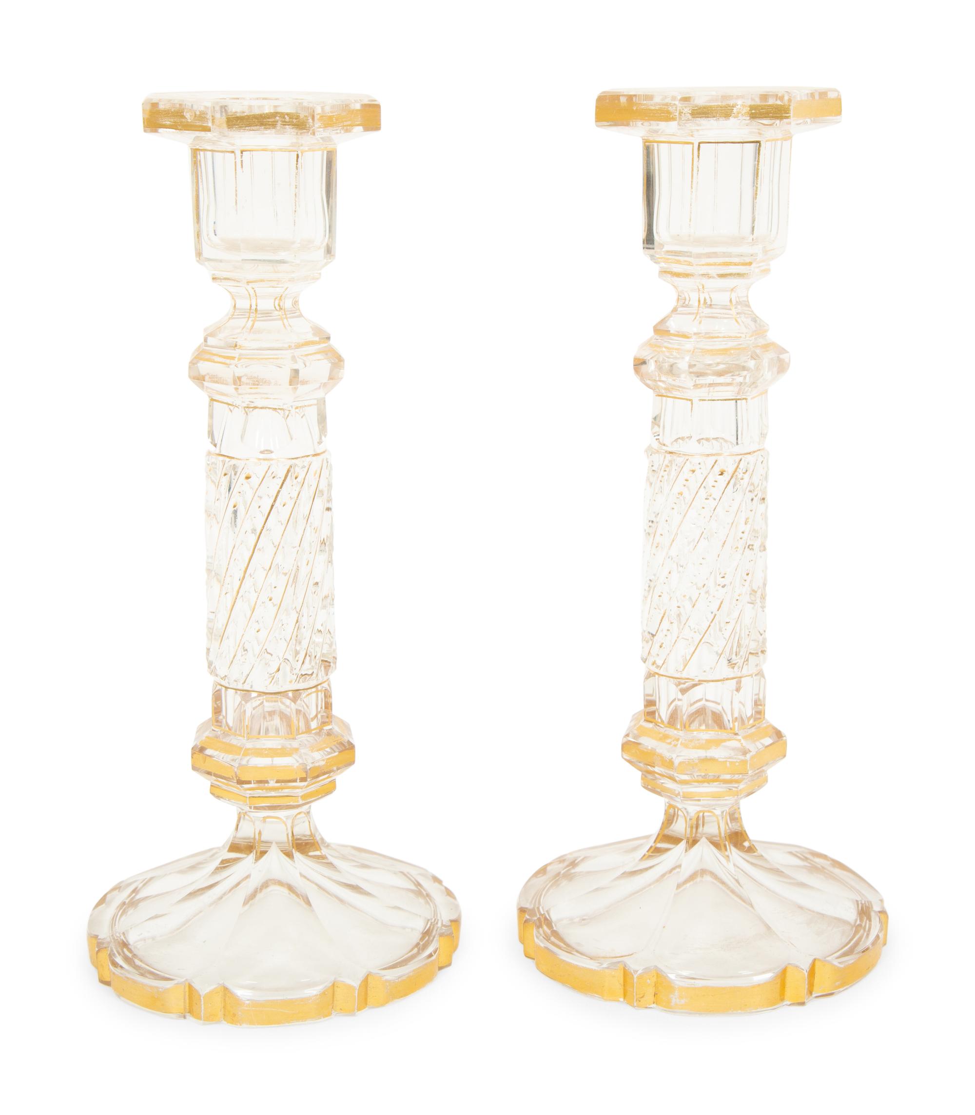 A Pair of French Gilt Decorated Cut Glass Candlesticks