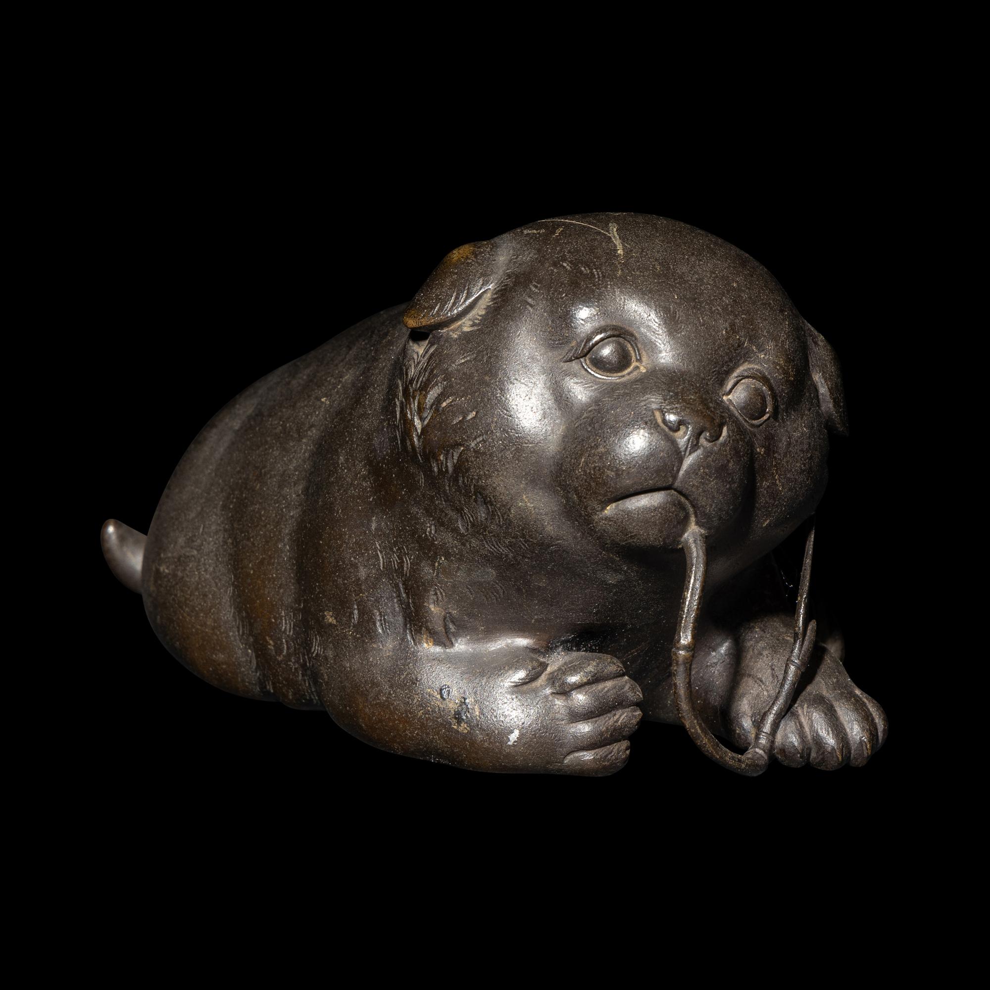 A Japanese Bronze Okimono of a Puppy, Meiji-Taisho Period