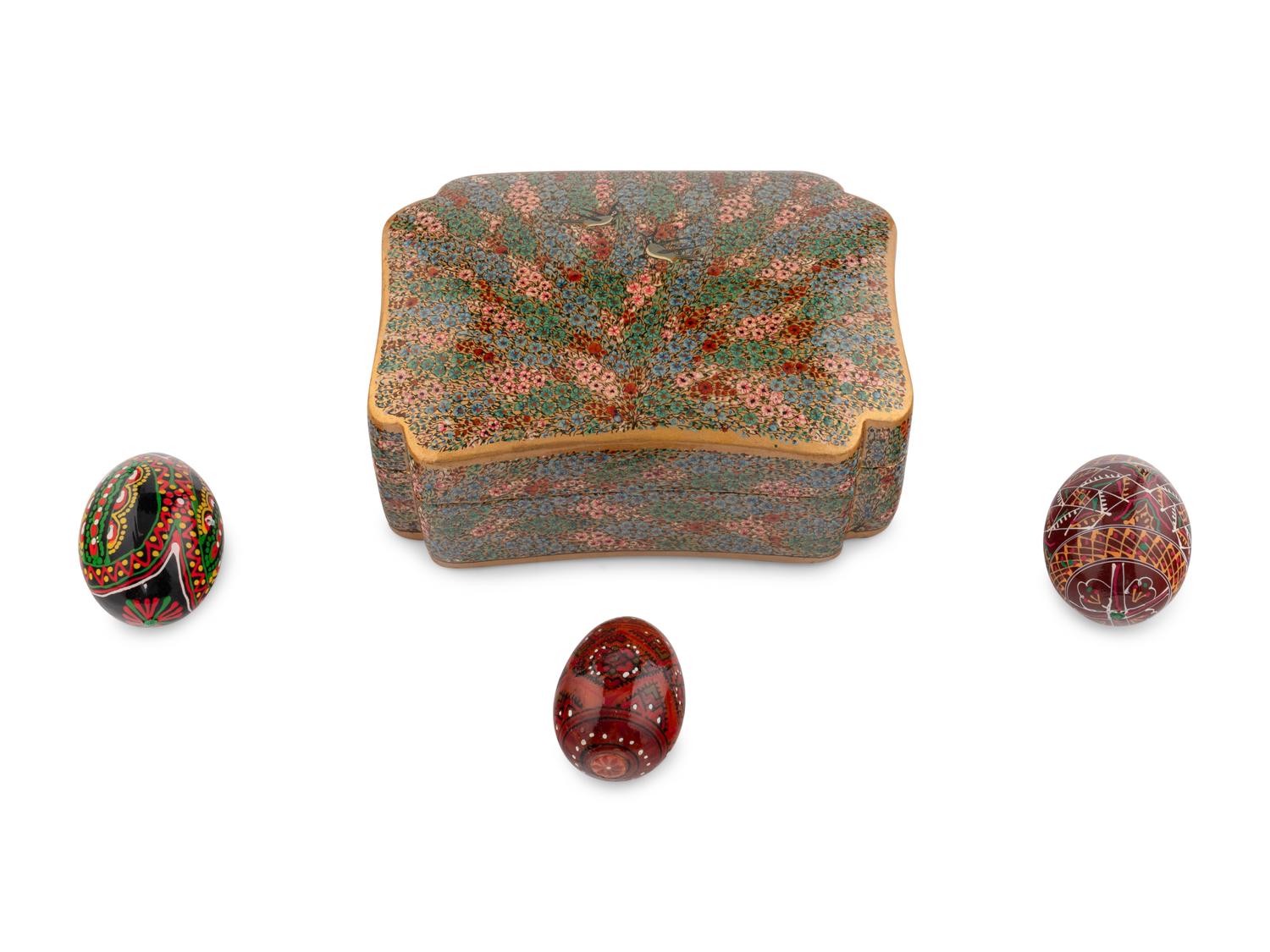 A Kashmiri Lacquer Box and Seven Lacquer Eggs
