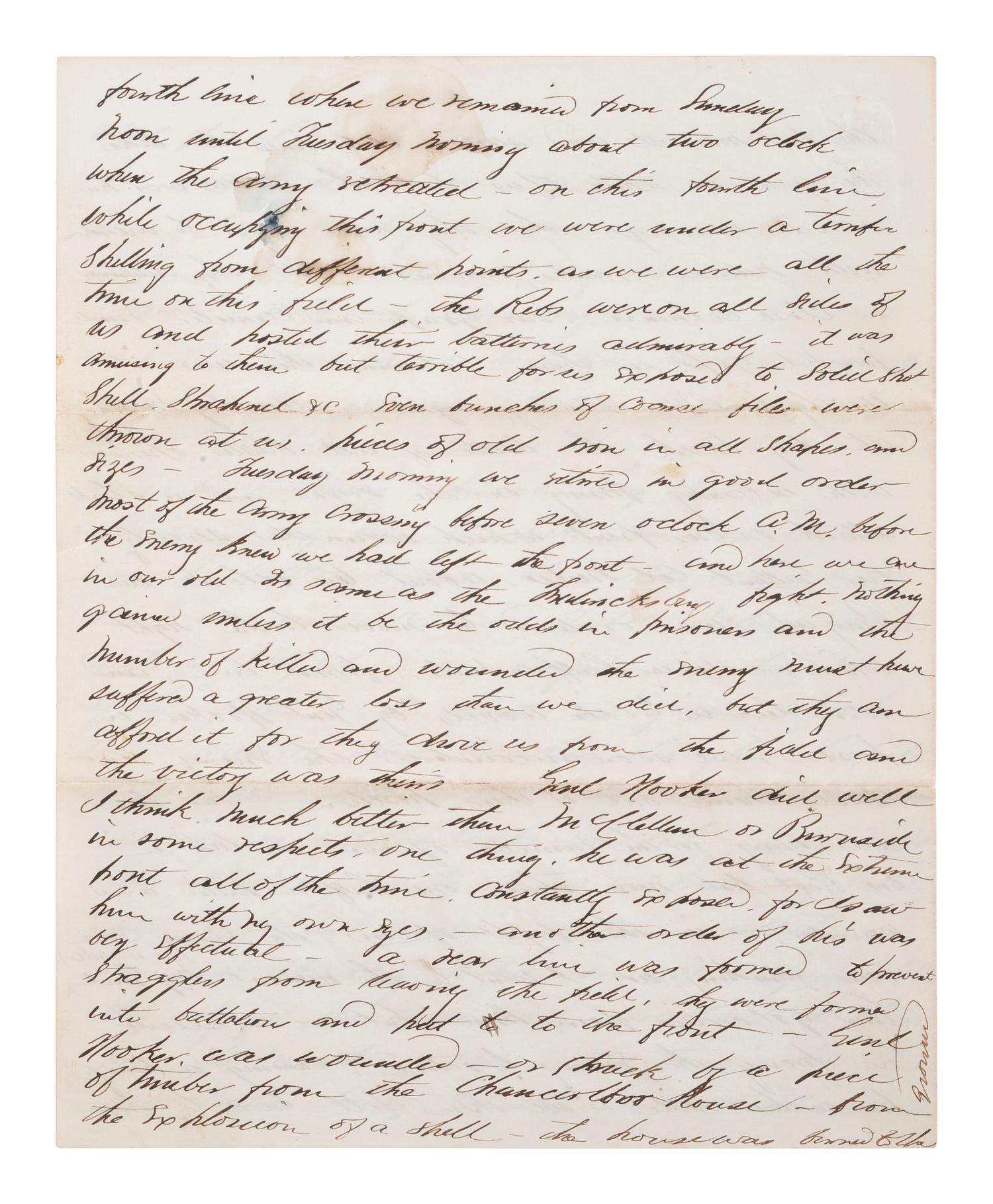 [CIVIL WAR]. Battle of Chancellorsville letter with hand-drawn map of the battlefield, written 5 days after the battle by First Lieutenant Daniel K. Cross, 5th New Hampshire Infantry. "Camp near Falmouth Va," 8 May 1863.