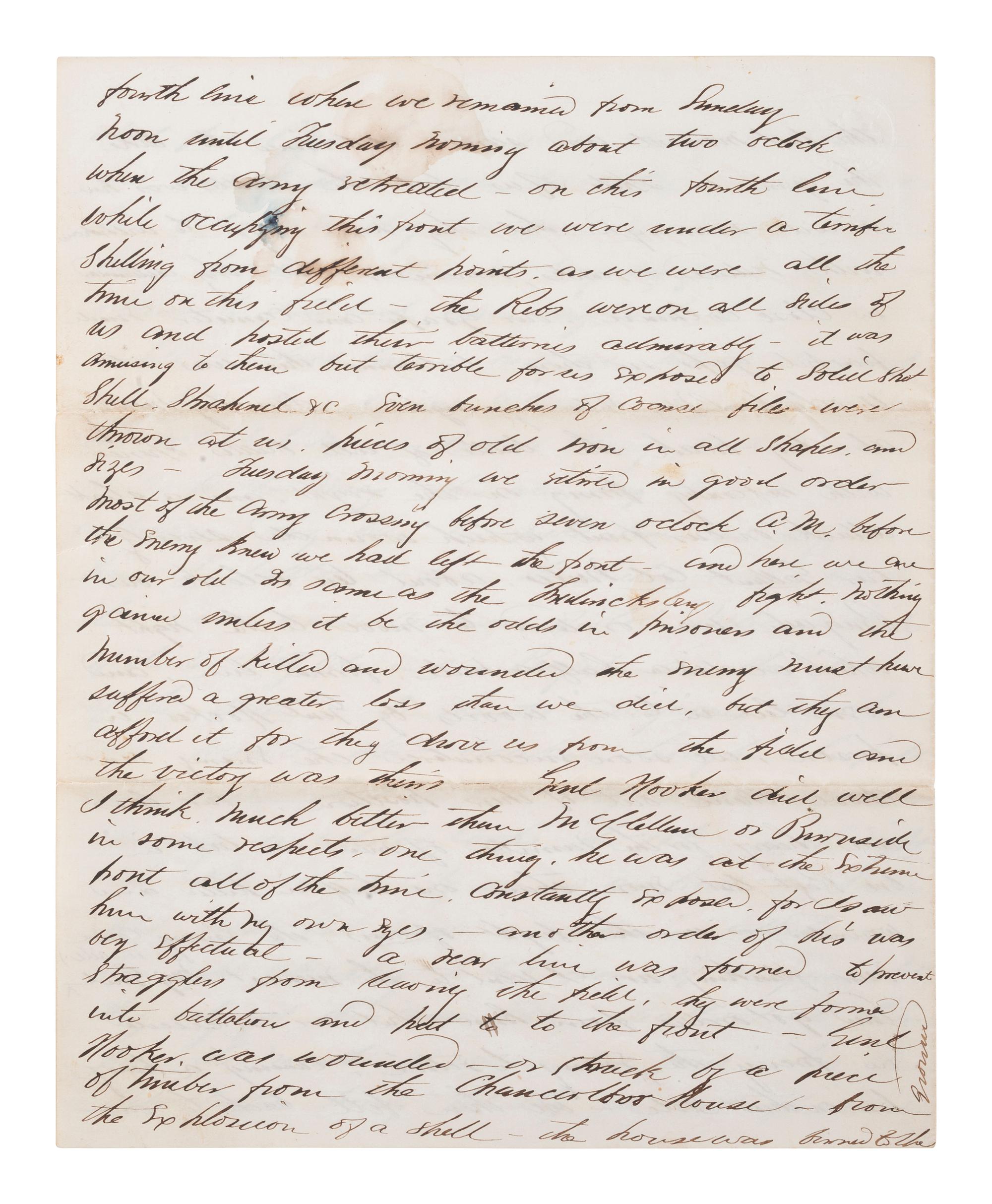 [CIVIL WAR]. Battle of Chancellorsville letter with hand-drawn map of the battlefield, written 5 days after the battle by First Lieutenant Daniel K. Cross, 5th New Hampshire Infantry. "Camp near Falmouth Va," 8 May 1863.