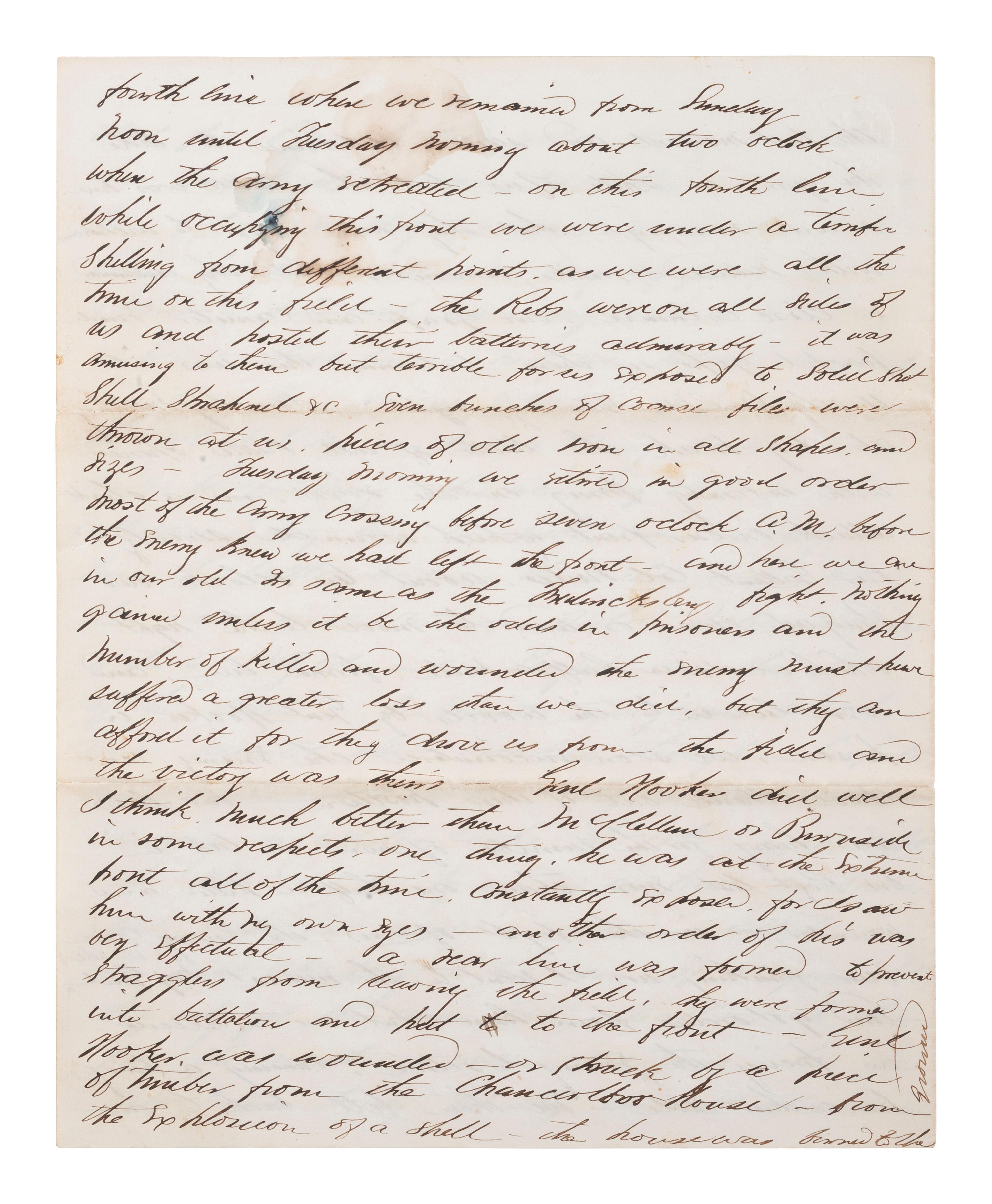 [CIVIL WAR]. Battle of Chancellorsville letter with hand-drawn map of the battlefield, written 5 days after the battle by First Lieutenant Daniel K. Cross, 5th New Hampshire Infantry. "Camp near Falmouth Va," 8 May 1863.