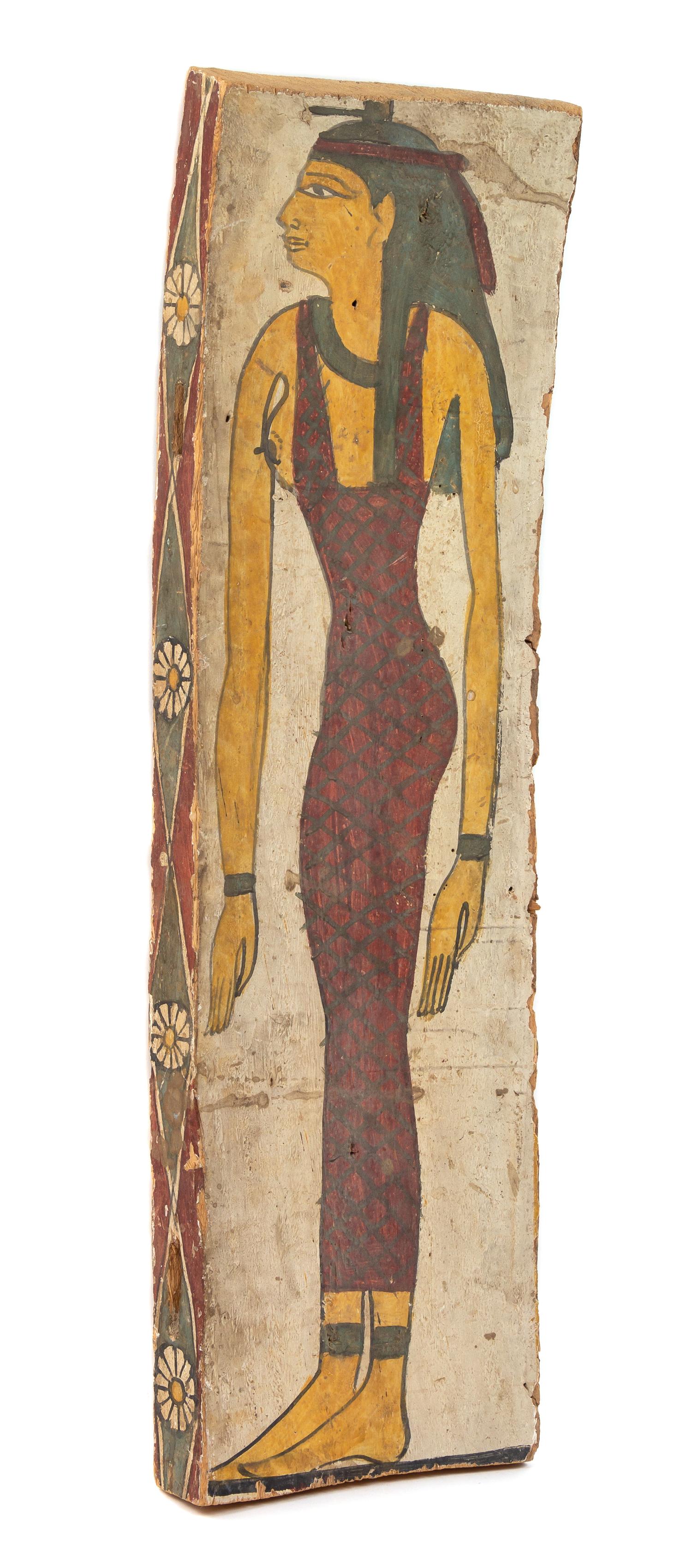 An Egyptian Painted Wood Coffin Panel Height 37 x width 10 1/2 inches. — LATE PERIOD TO PTOLEMAIC PERIOD, 664-30 B.C.E.