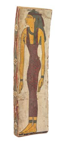 An Egyptian Painted Wood Coffin Panel Height 37 x width 10 1/2 inches. — LATE PERIOD TO PTOLEMAIC PERIOD, 664-30 B.C.E.