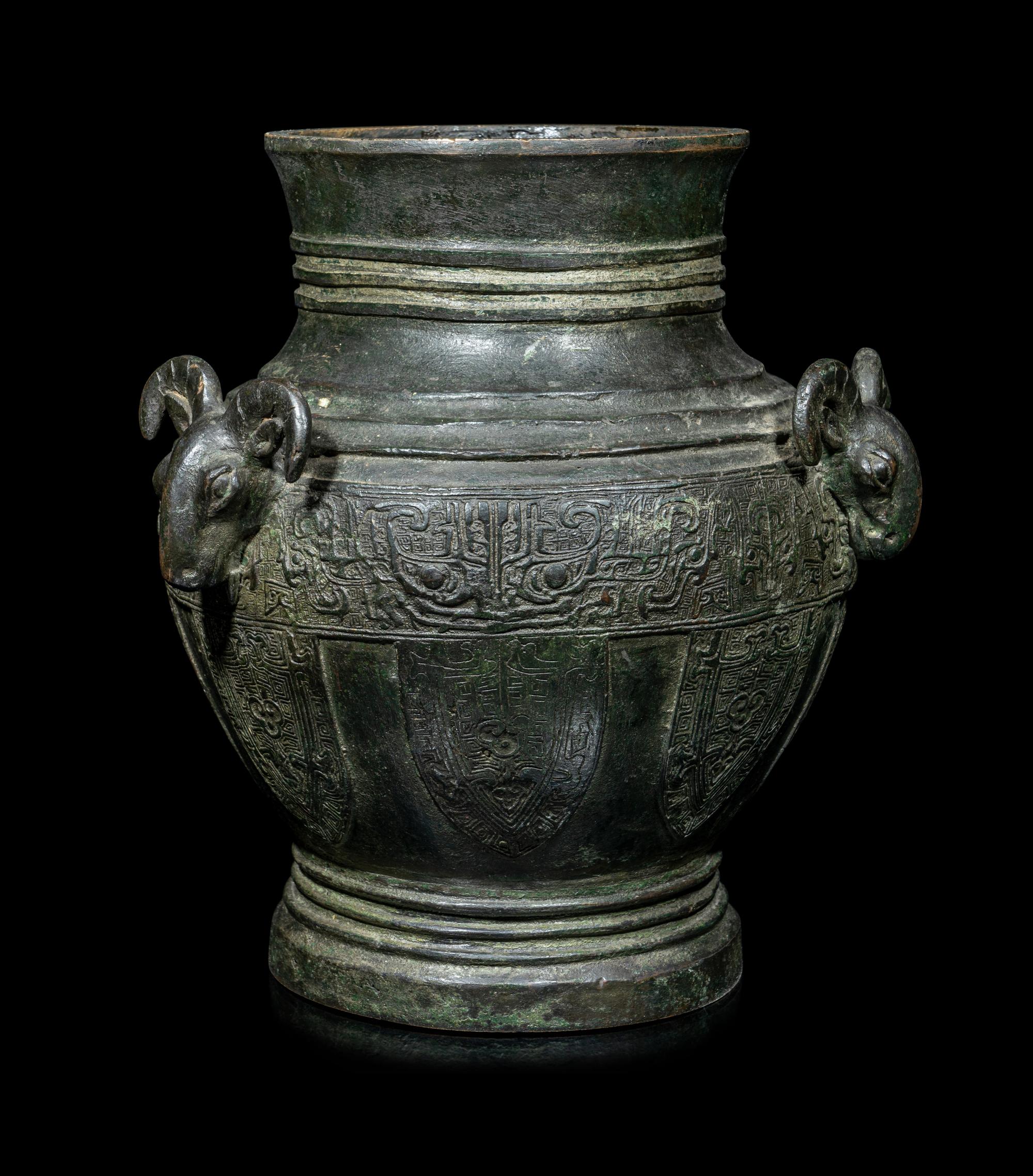 A Chinese Archaistic Bronze 'Three Rams' Hu Vessel