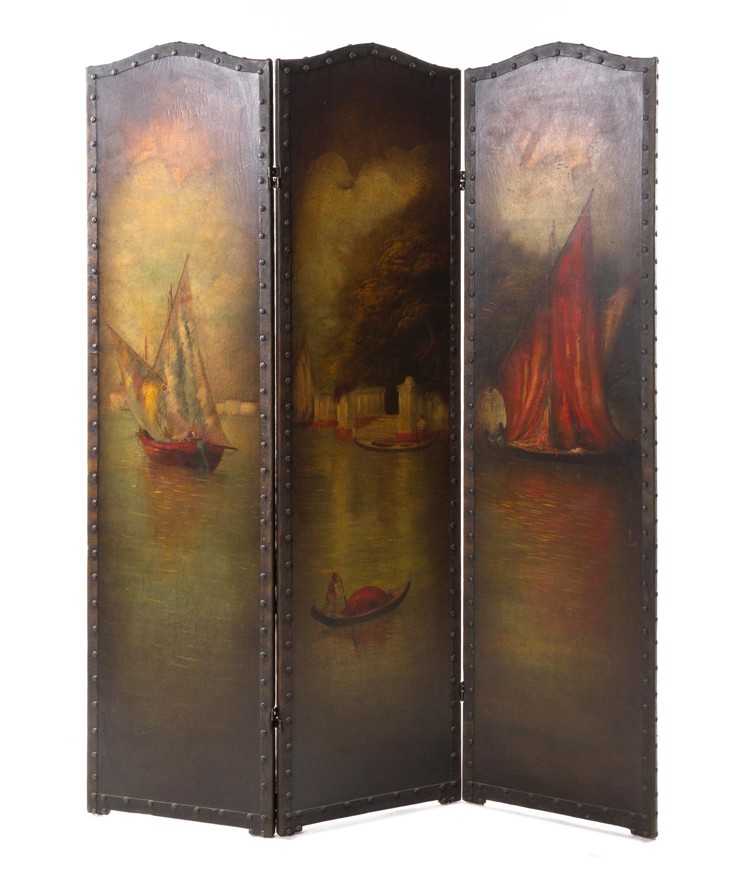 A Continental Painted Canvas Three-Panel Floor Screen, Height 68 1/4 x width of each panel 17 3/4 inches.