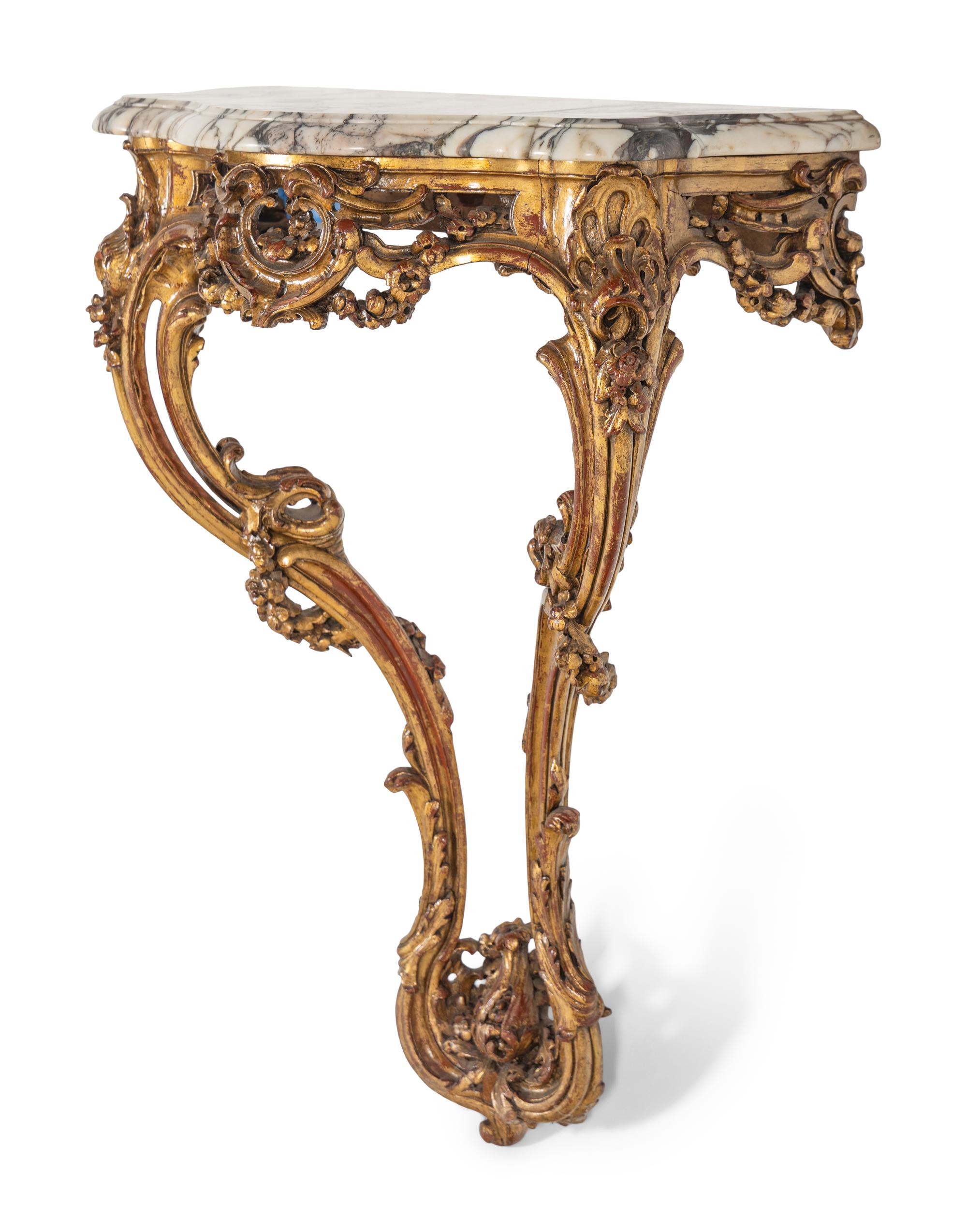A Rococo Style Giltwood Marble-Top Console Table