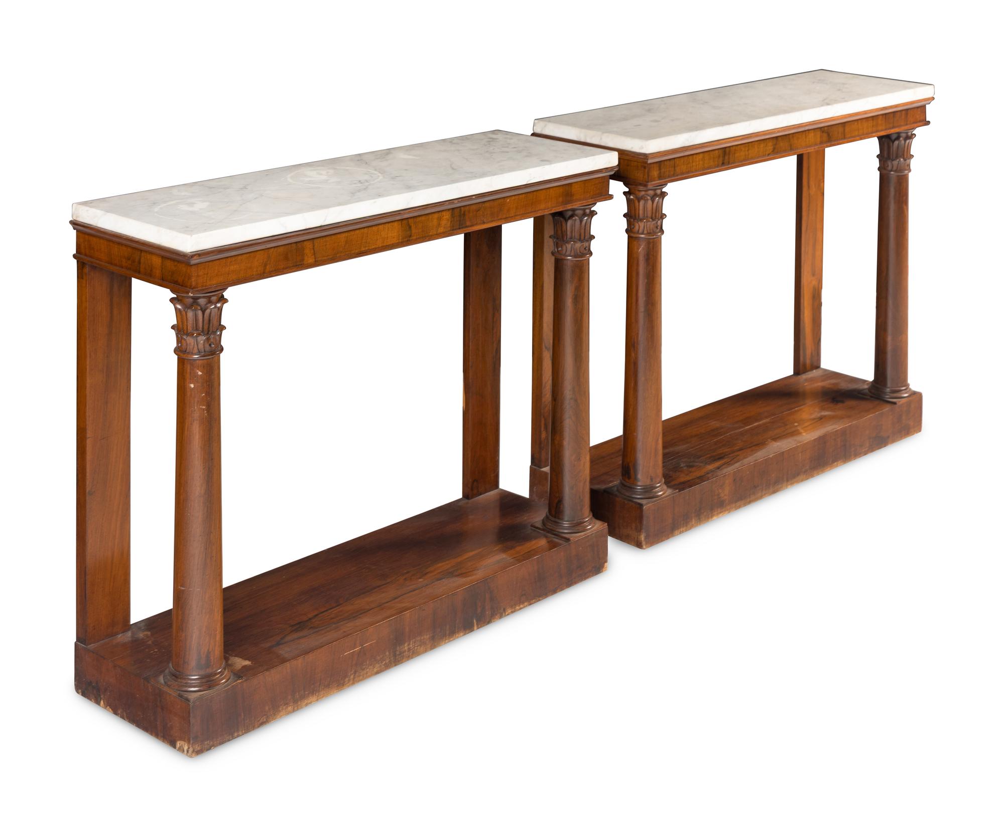 A Pair of George IV Gonçalo Alves Marble-Top Console Tables