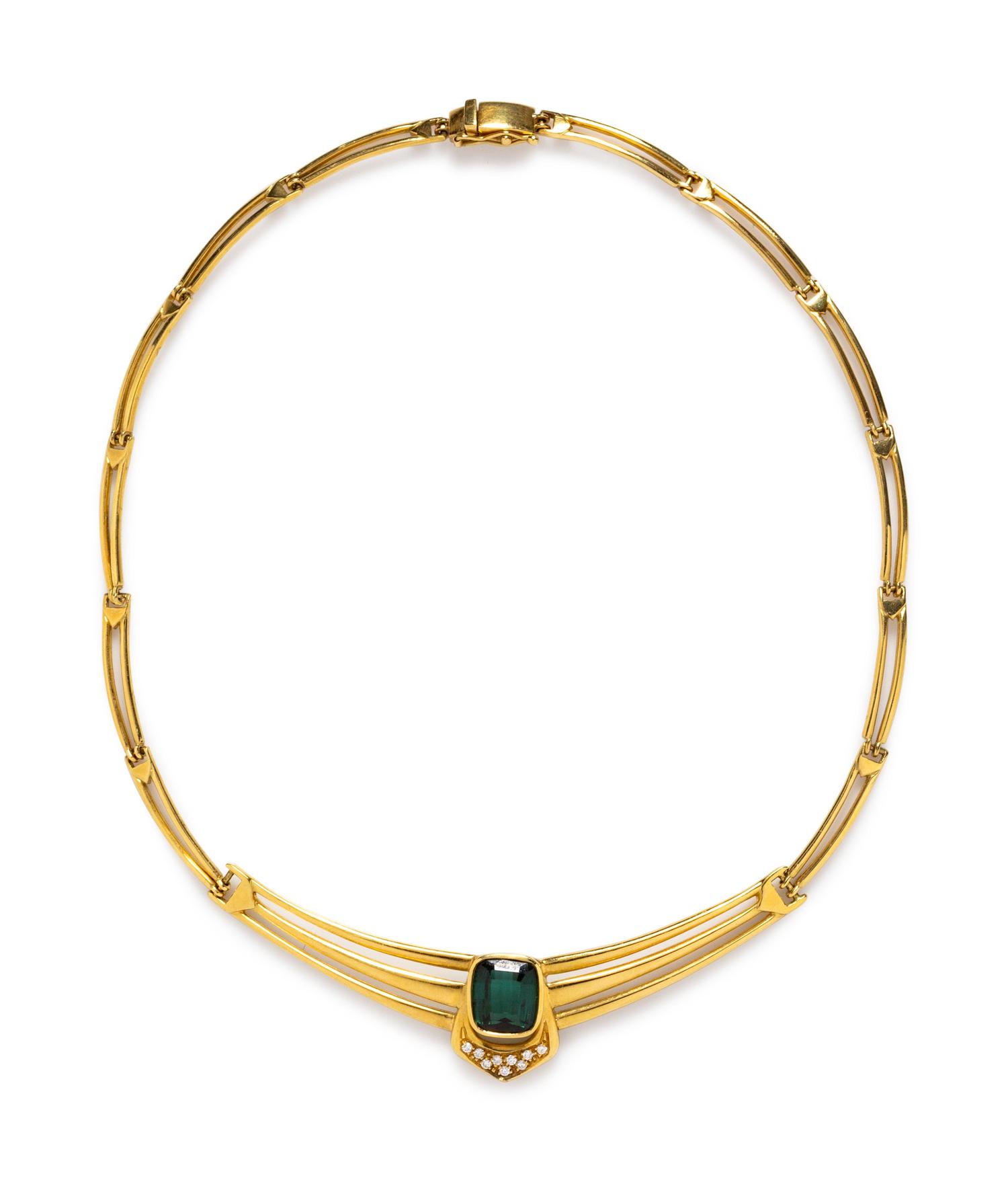 An 18 Karat Yellow Gold, Green Tourmaline and Diamond Collar Necklace, Italian,