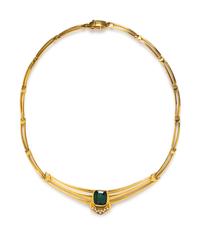 An 18 Karat Yellow Gold, Green Tourmaline and Diamond Collar Necklace, Italian,
