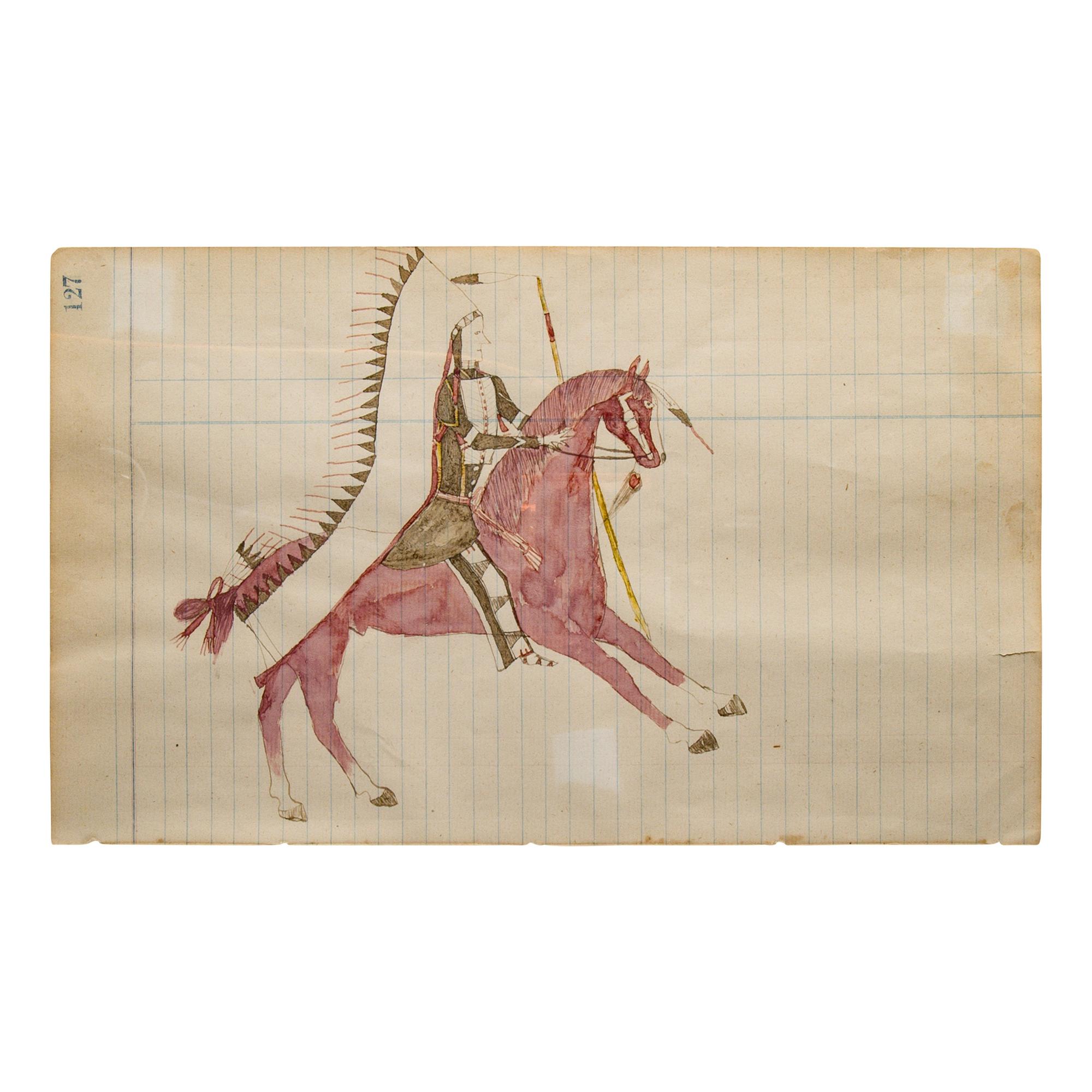 Wanbli Hito, Roan Eagle (Lakota, b. 1863) — untitled, warrior on horseback ca 1890