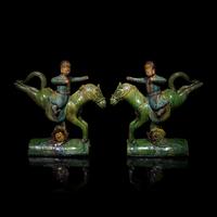 A Pair of Chinese Sancai Glazed Equestrian Ridge Tiles, Ming Dynasty 明 三彩騎馬人物瓦當一對