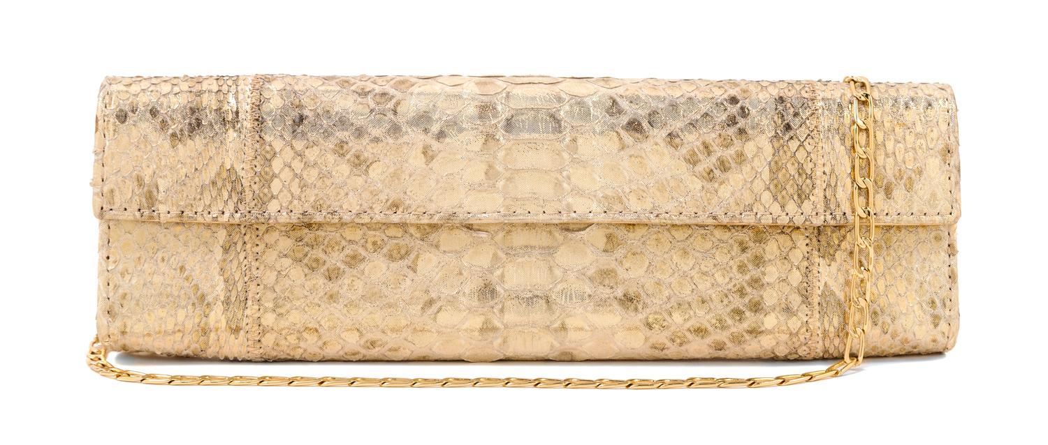 A Carlos Falchi Gold Snakeskin Clutch, 10" x 3.5" x 1".