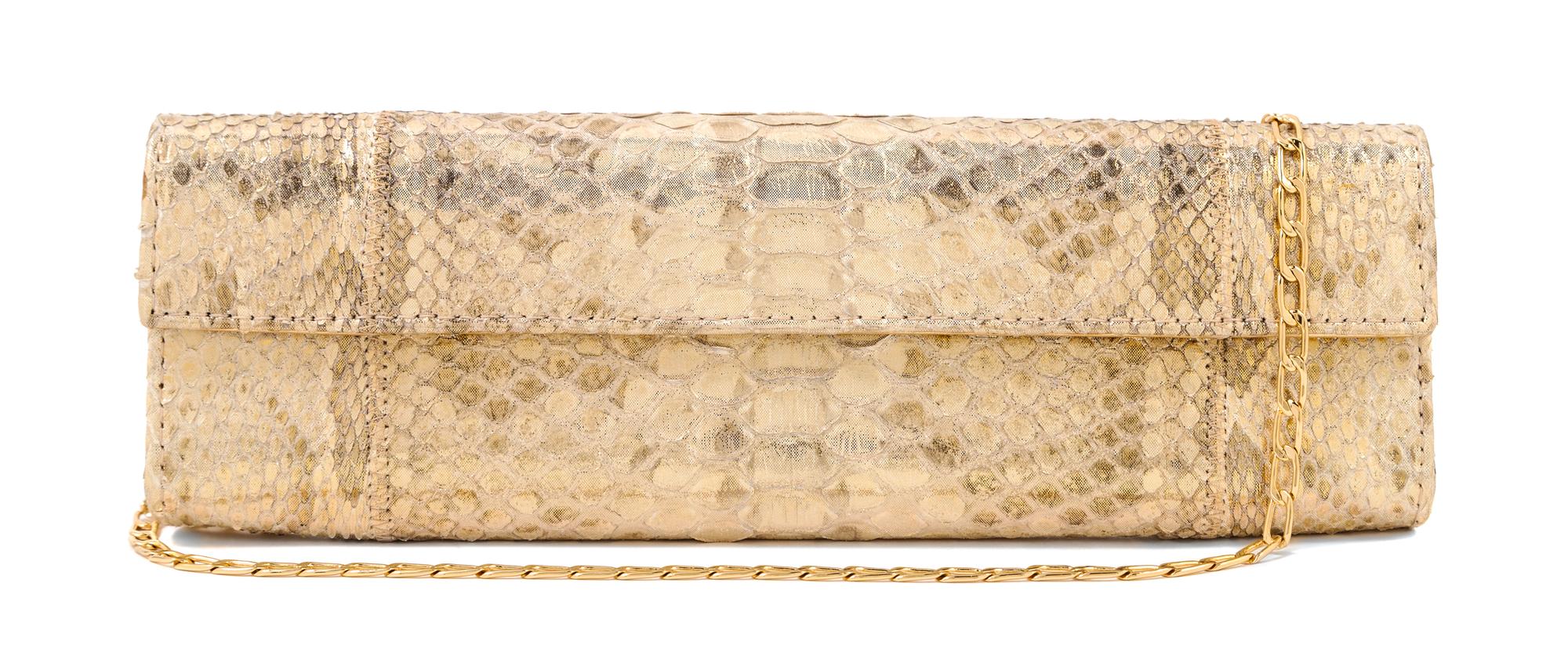 A Carlos Falchi Gold Snakeskin Clutch, 10" x 3.5" x 1".
