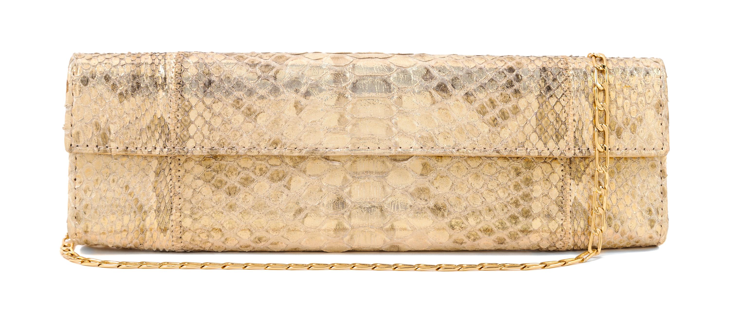 A Carlos Falchi Gold Snakeskin Clutch, 10" x 3.5" x 1".