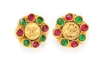 A Pair of Chanel Goldtone and Gripoix Earclips, 1.25" diameter.