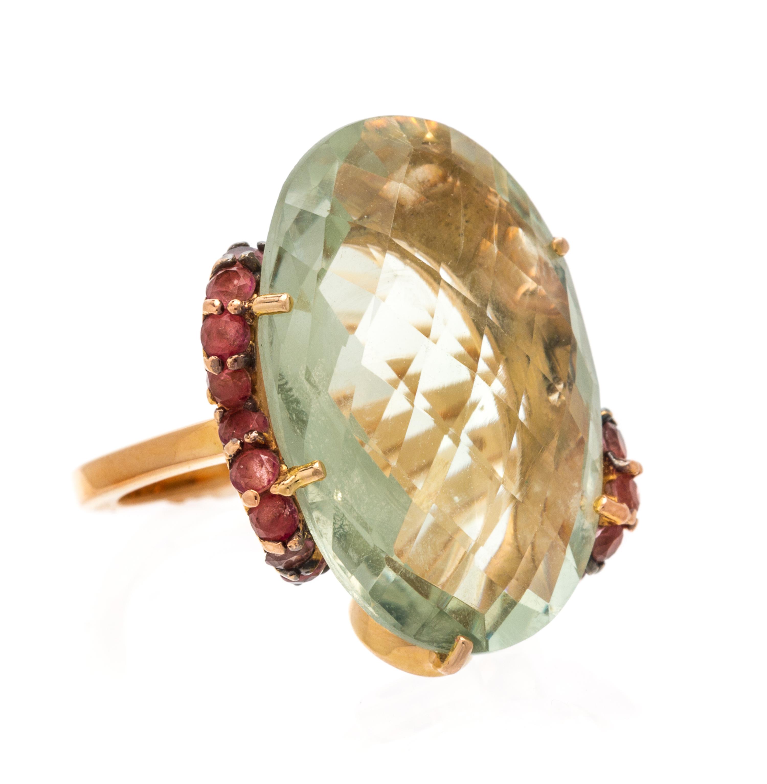 An 18 Karat Rose Gold, Green Amethyst and Tourmaline Ring, 7.30 dwts.