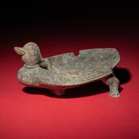 A Chinese Grey Pottery Mandarin Duck-Form Inkstone, Six Dynasties — 六朝 灰陶鴛鴦硯