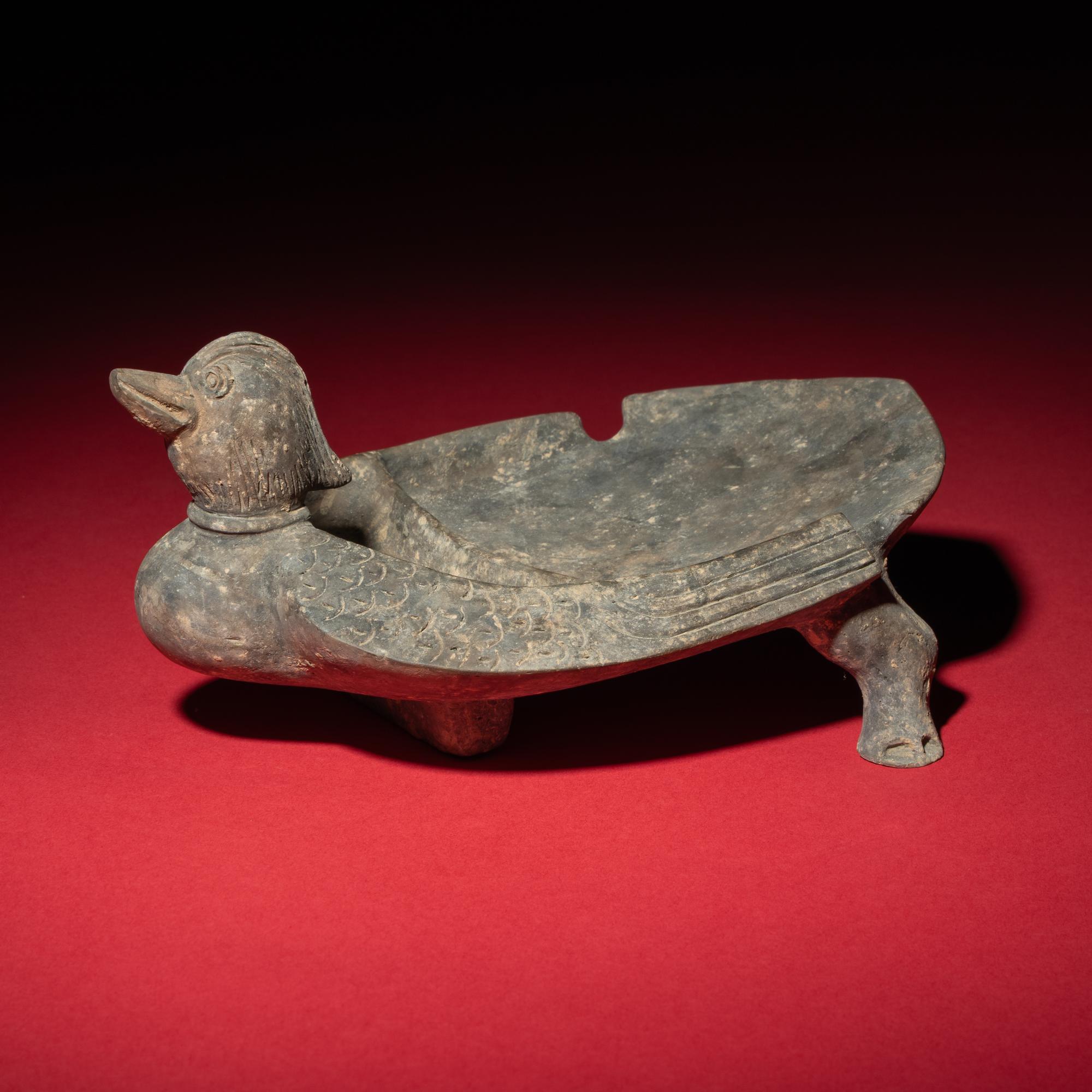 A Chinese Grey Pottery Mandarin Duck-Form Inkstone, Six Dynasties — 六朝 灰陶鴛鴦硯
