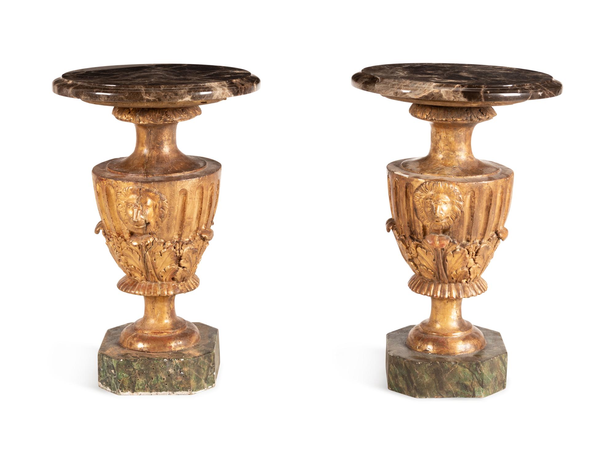 A Pair of George III Style Carved Giltwood and Faux-Marble Painted Marble-Top Jardinière Stands