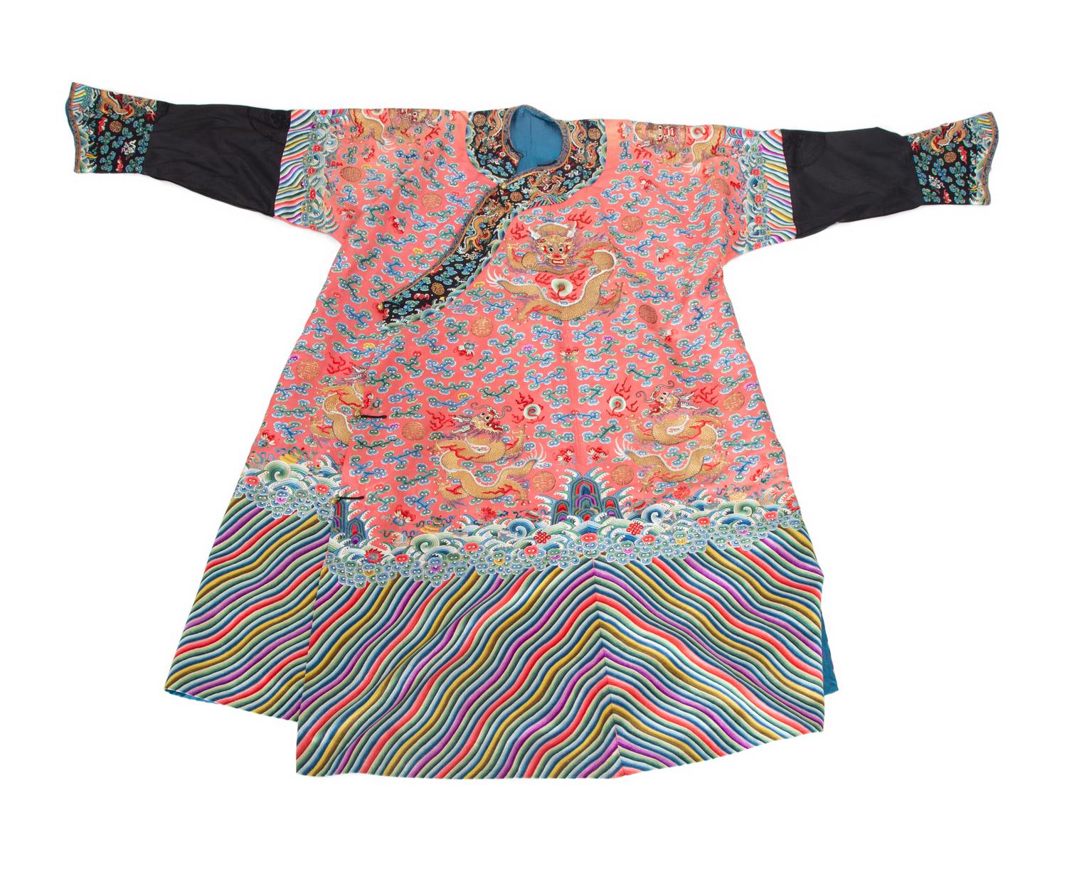 A Chinese Embroidered Pink Silk Dragon Robe