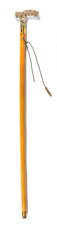 A Russian Gilt Metal and Cut Glass Mounted Cane Length 33 1/4 inches. — WITH SPURIOUS FABERGE MARKS, 20TH CENTURY
