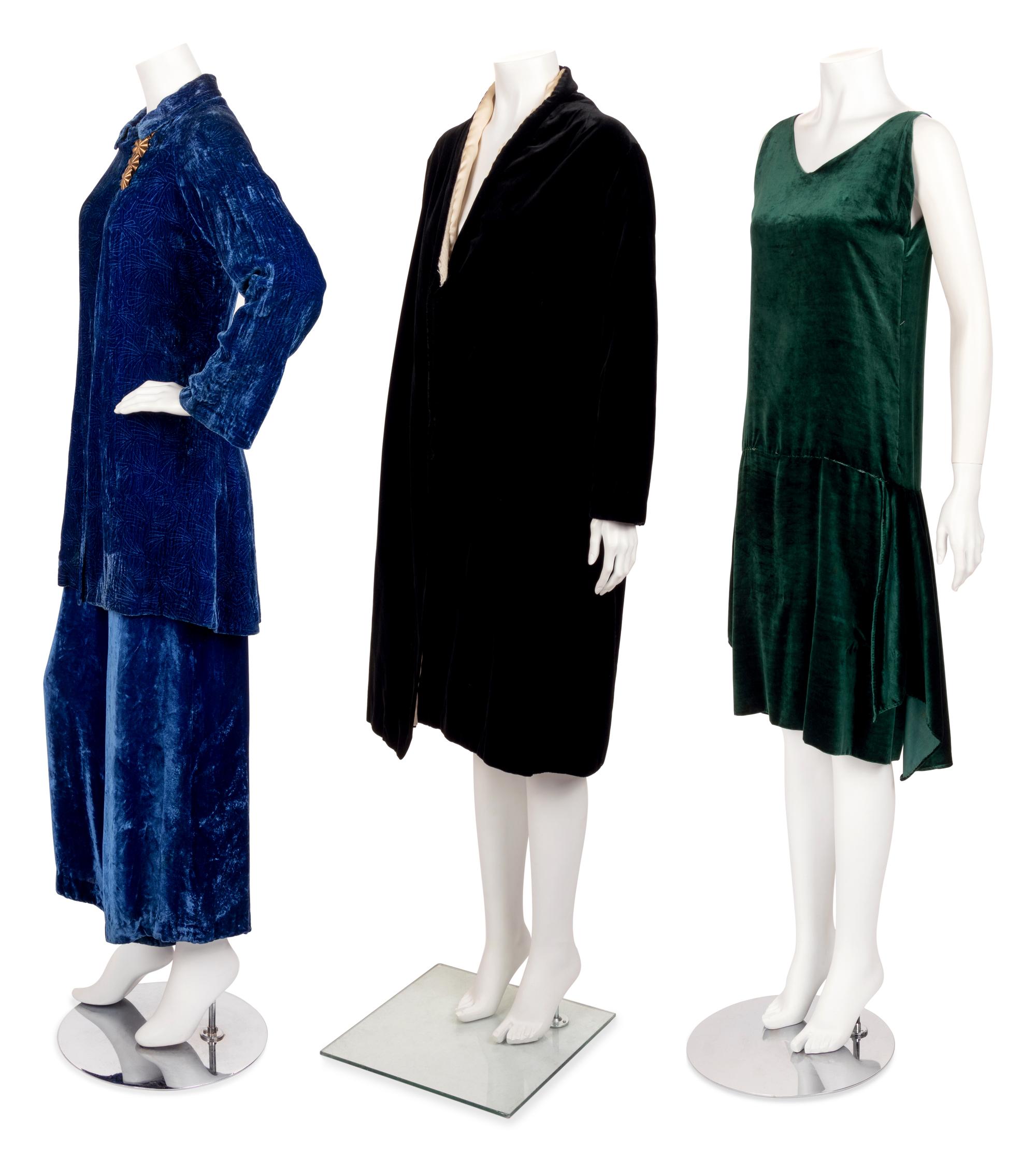 Four Velvet Items: One Two-Piece Pant Ensemble, One Coat, and One Dress, 1920-30s