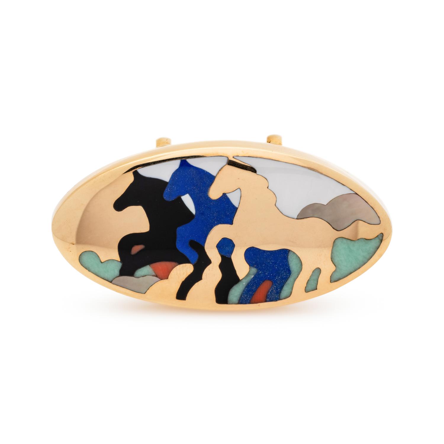 ASCH GROSSBARDT, YELLOW GOLD AND HARDSTONE INLAY BROOCH
