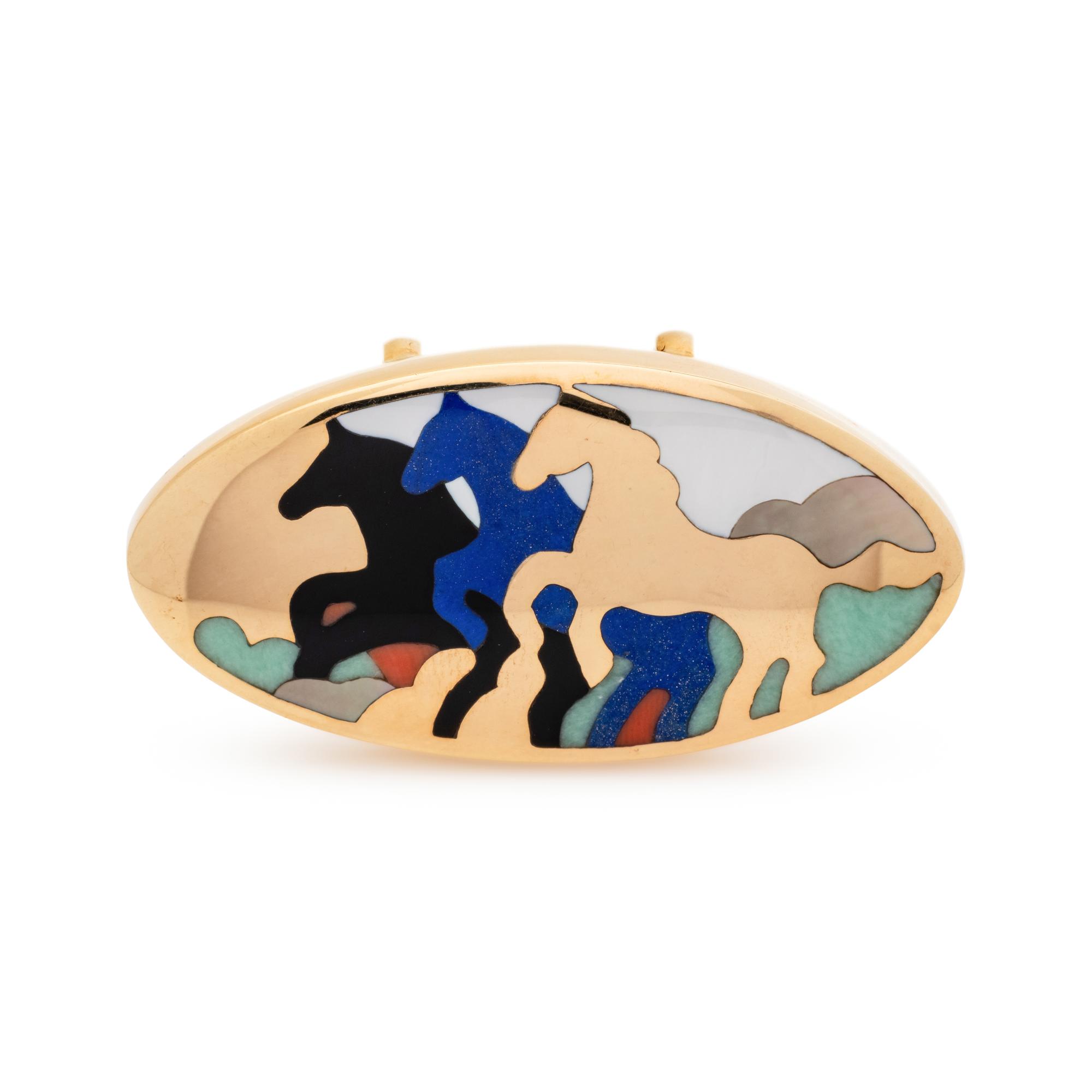 ASCH GROSSBARDT, YELLOW GOLD AND HARDSTONE INLAY BROOCH