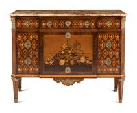 A Louis XVI Style Marquetry and Marble-Top Commode
