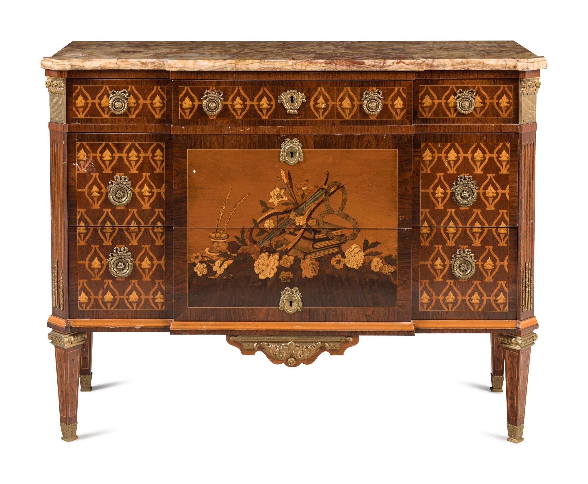 A Louis XVI Style Marquetry and Marble-Top Commode