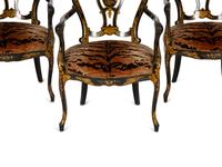 A Set of Three Victorian Ebonized Gilt and Mother of Pearl Chinoiserie Open Armchairs