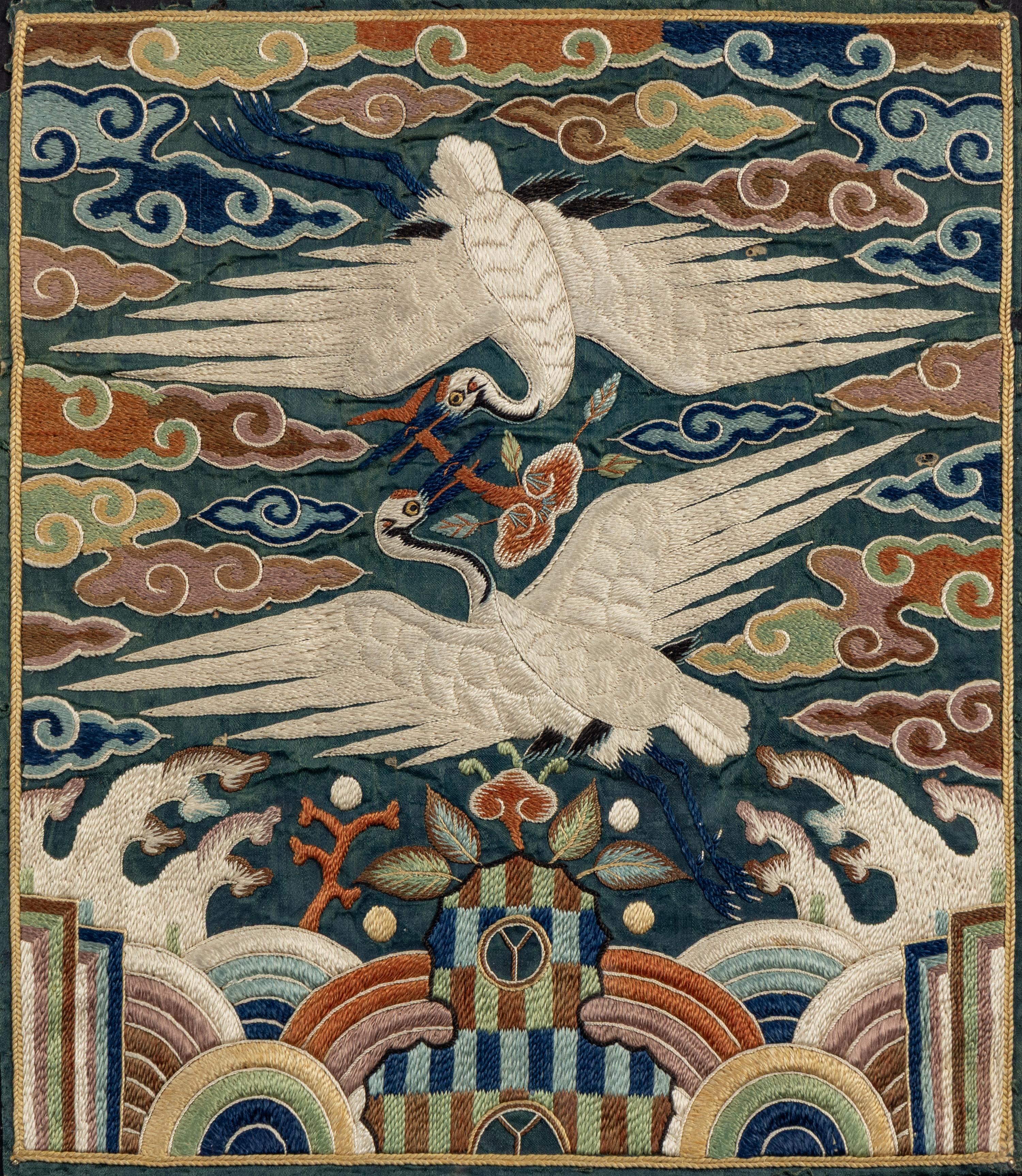 Five Korean Embroidered Silk 'Crane' Civil Official Rank Badges, Joseon Dynasty, 19th Century
