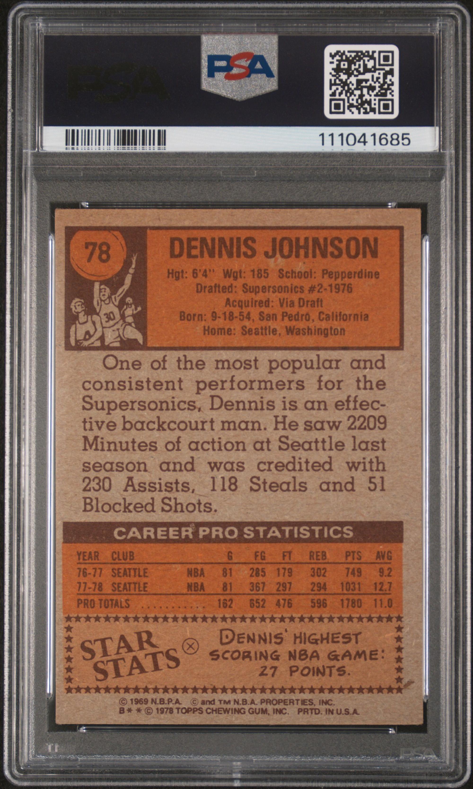 A 1978 Topps Dennis Johnson Signed Autograph Rookie Basketball Card No. 78 (PSA 4 VG-EX, AUTO 8)