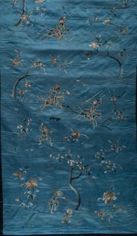 Two Chinese Blue Embroidered Silk Hanging Panels