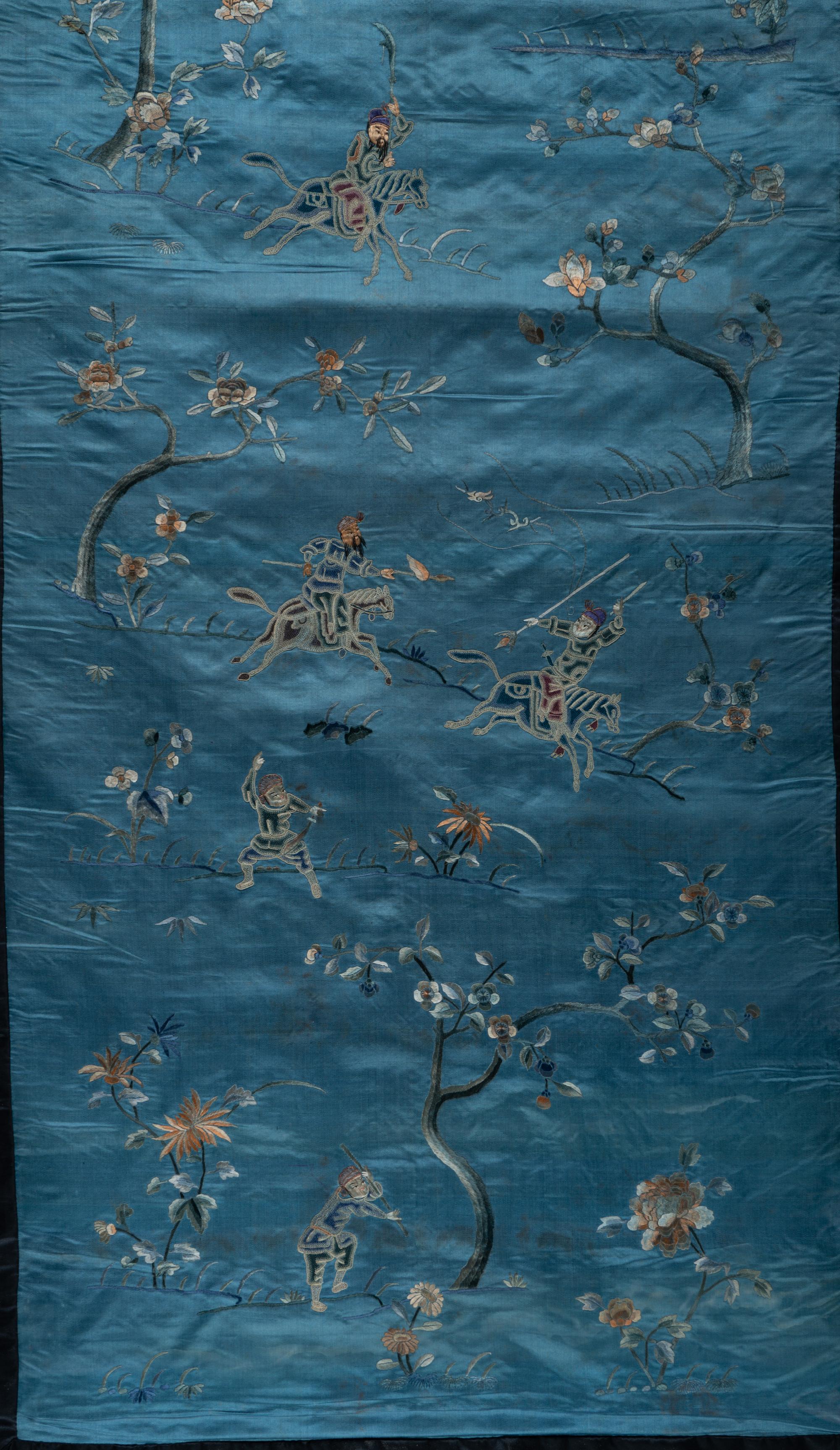 Two Chinese Blue Embroidered Silk Hanging Panels