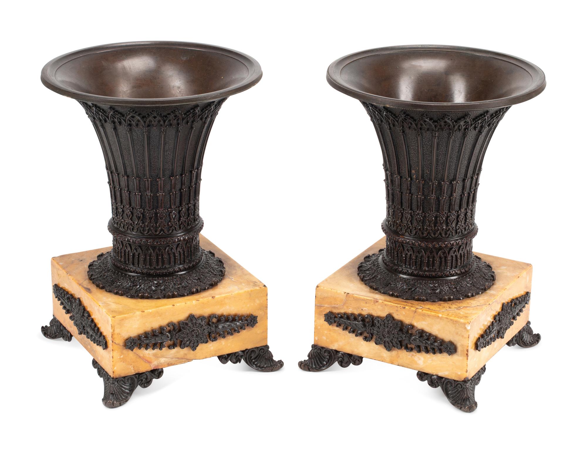A Pair of Charles X Patinated Bronze and Marble Urns