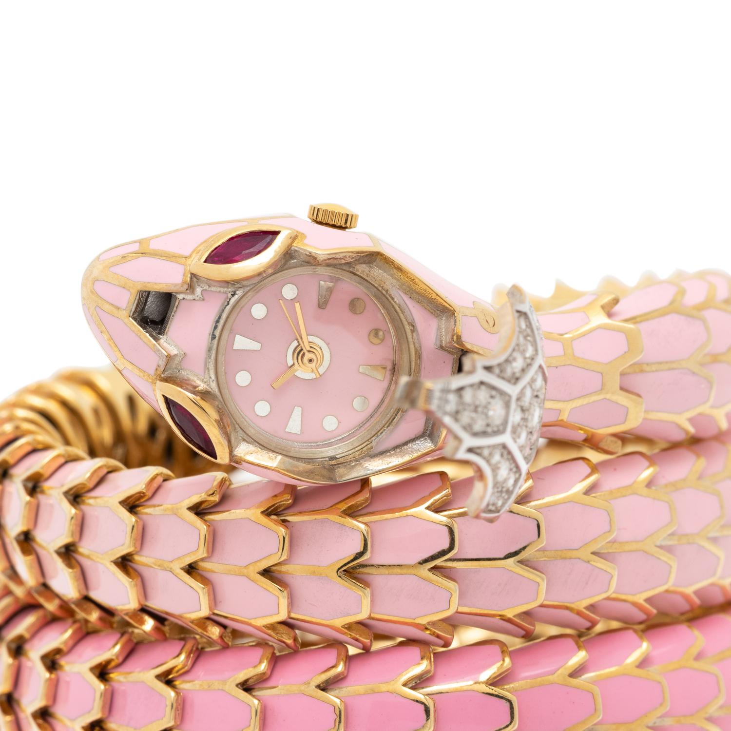 DIAMOND, RUBY AND PINK ENAMEL SNAKE SURPRISE WATCH