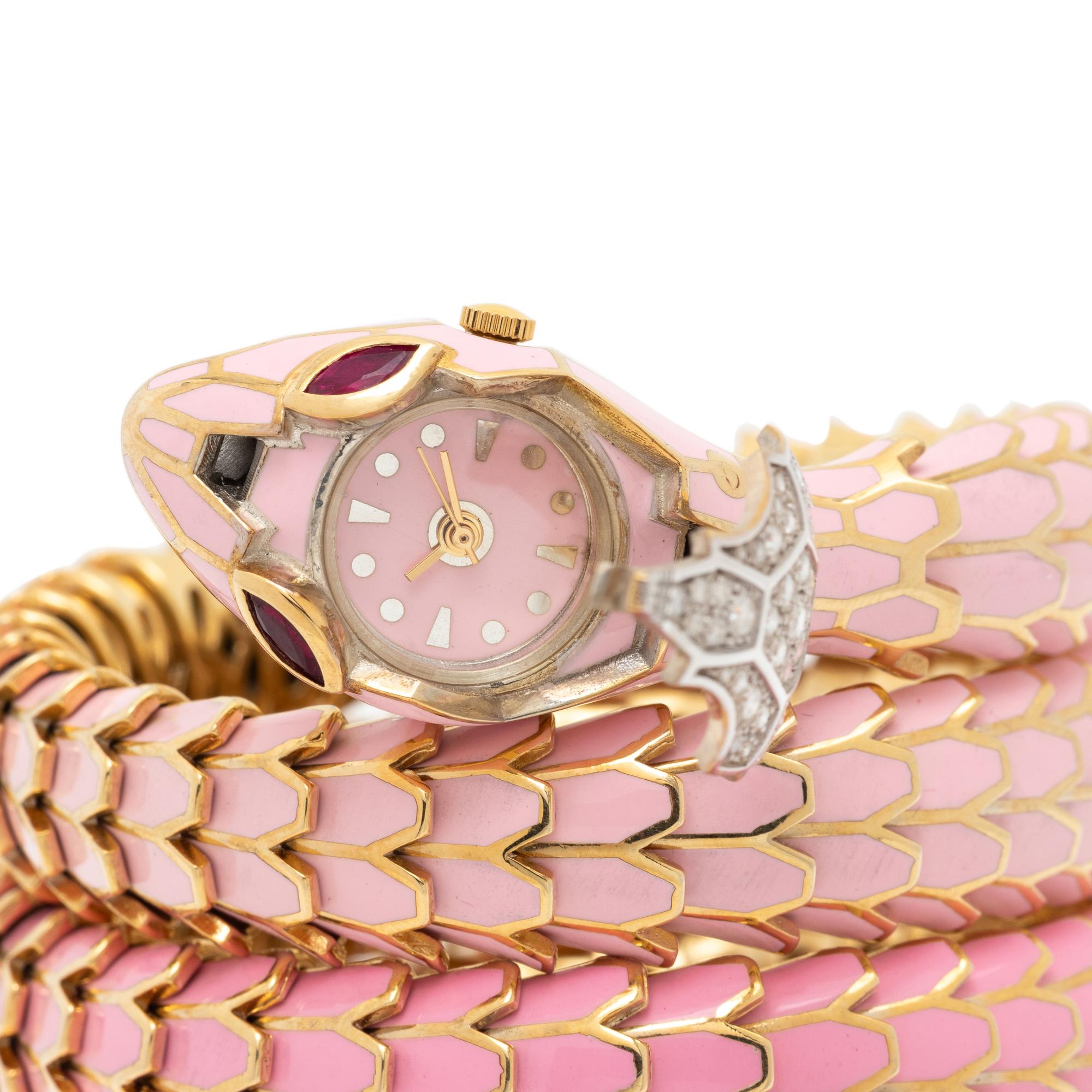DIAMOND, RUBY AND PINK ENAMEL SNAKE SURPRISE WATCH