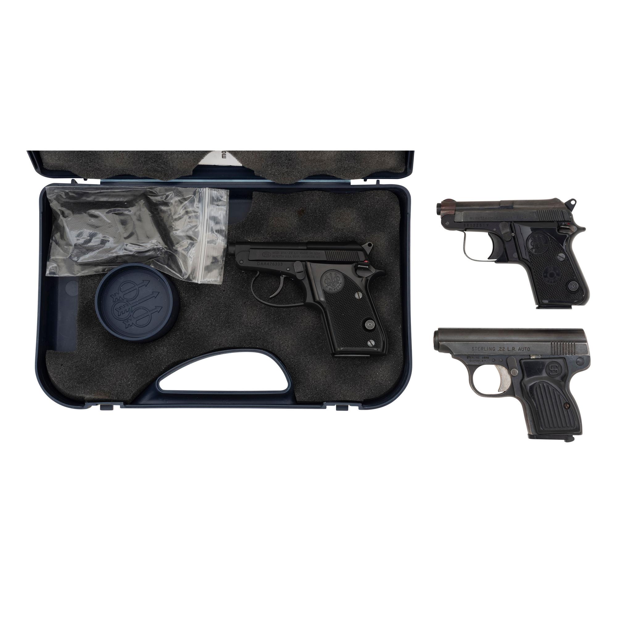 * Lot of 3 Semi-Auto Pocket Pistols: Beretta Model 21A in Box with Accessories, Beretta Model 950BS, and Sterling Model 302