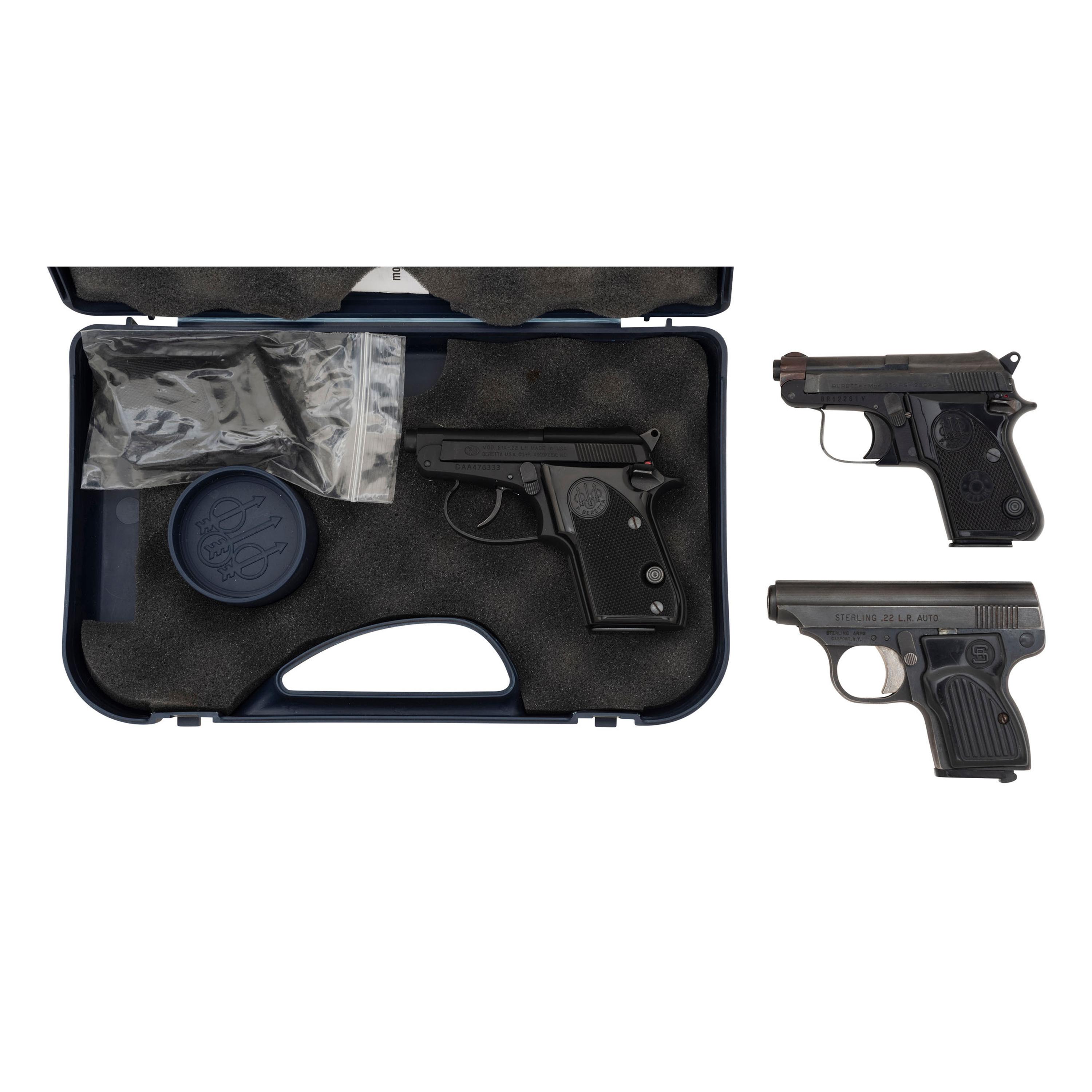 * Lot of 3 Semi-Auto Pocket Pistols: Beretta Model 21A in Box with Accessories, Beretta Model 950BS, and Sterling Model 302