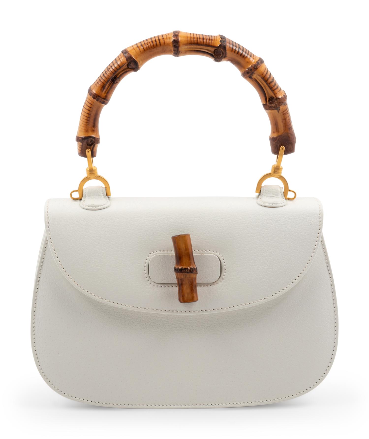Gucci White Leather Handbag with Bamboo Handle