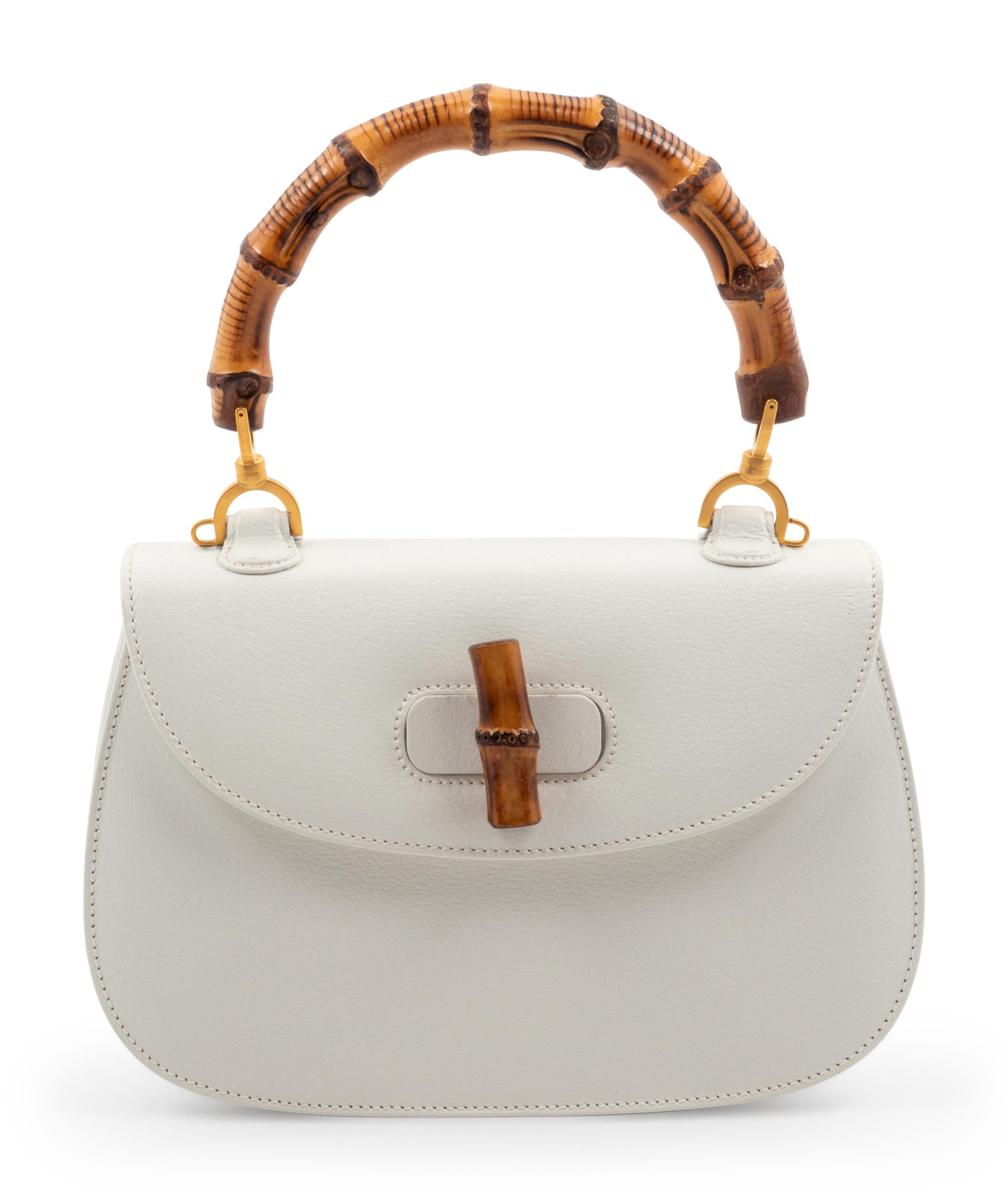 Gucci White Leather Handbag with Bamboo Handle