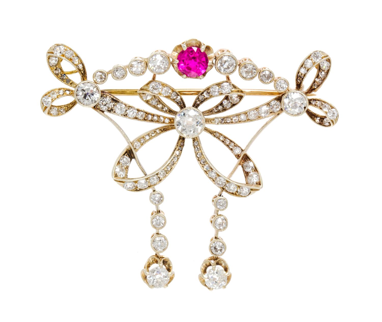 An Antique Gold, Diamond, and Synthetic Ruby Pendant/Brooch, 10.00 dwts.