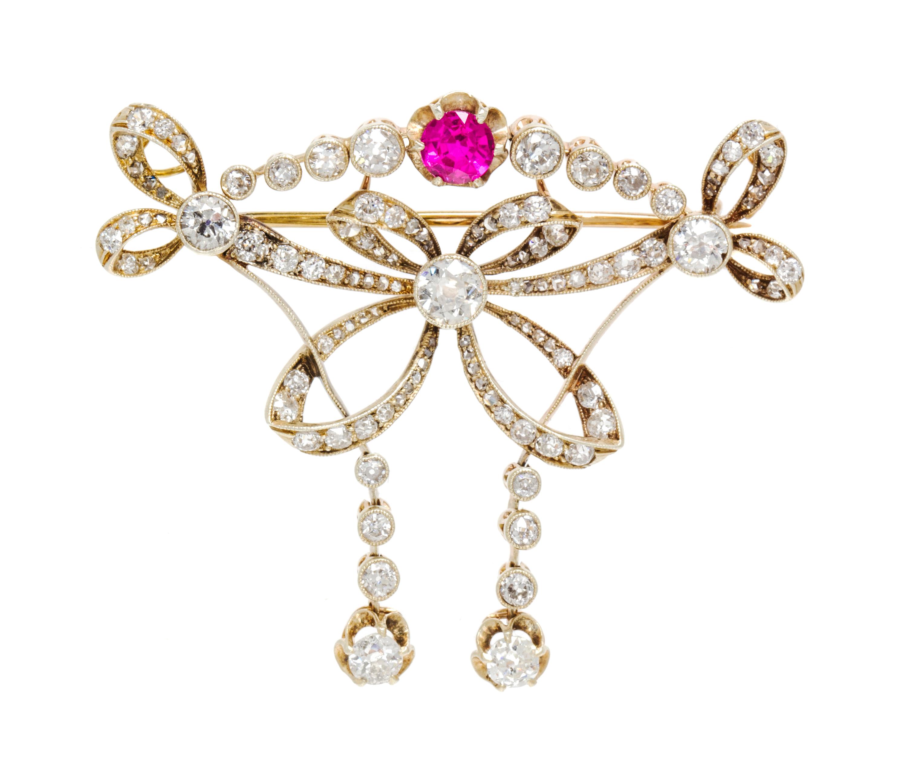 An Antique Gold, Diamond, and Synthetic Ruby Pendant/Brooch, 10.00 dwts.